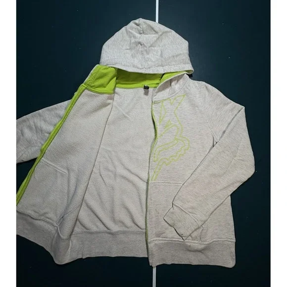Vintage Fox Racing Hoodie Sweatshirt Womens Large Gray Neon Green Y2K Full Zip - Picture 3 of 12